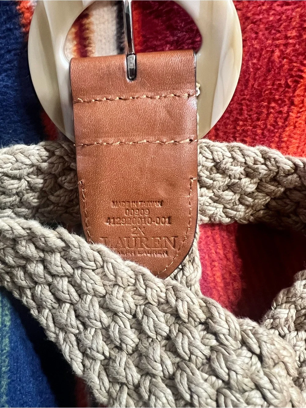 Lauren Ralph Lauren Braided Beige Belt with Ivory Round Buckle